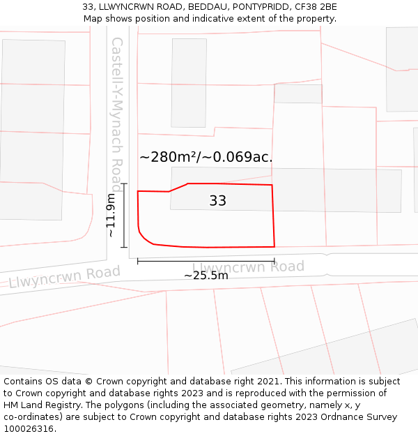33, LLWYNCRWN ROAD, BEDDAU, PONTYPRIDD, CF38 2BE: Plot and title map