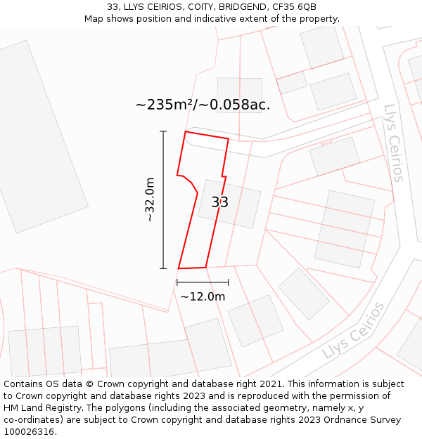 33, LLYS CEIRIOS, COITY, BRIDGEND, CF35 6QB: Plot and title map