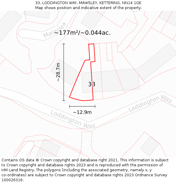 33, LODDINGTON WAY, MAWSLEY, KETTERING, NN14 1GE: Plot and title map