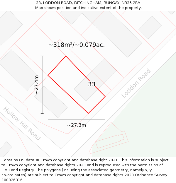 33, LODDON ROAD, DITCHINGHAM, BUNGAY, NR35 2RA: Plot and title map