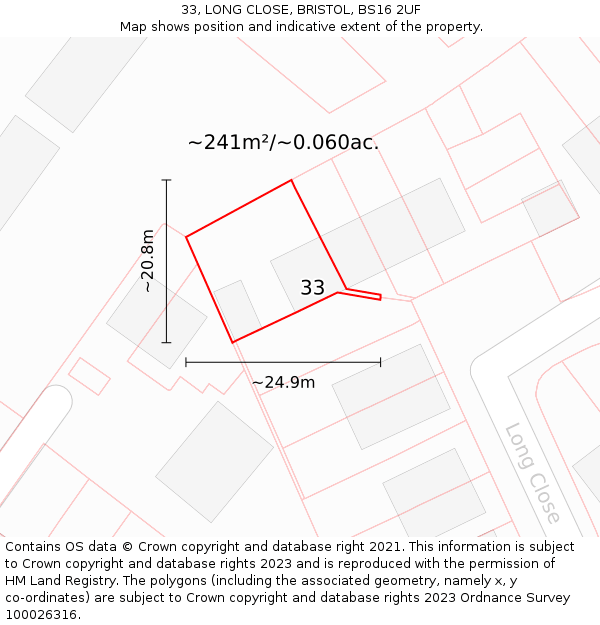 33, LONG CLOSE, BRISTOL, BS16 2UF: Plot and title map