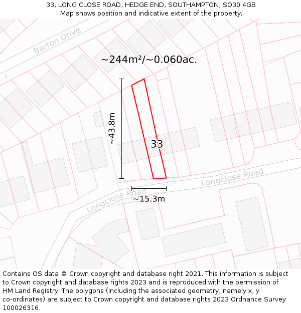 33, LONG CLOSE ROAD, HEDGE END, SOUTHAMPTON, SO30 4GB: Plot and title map