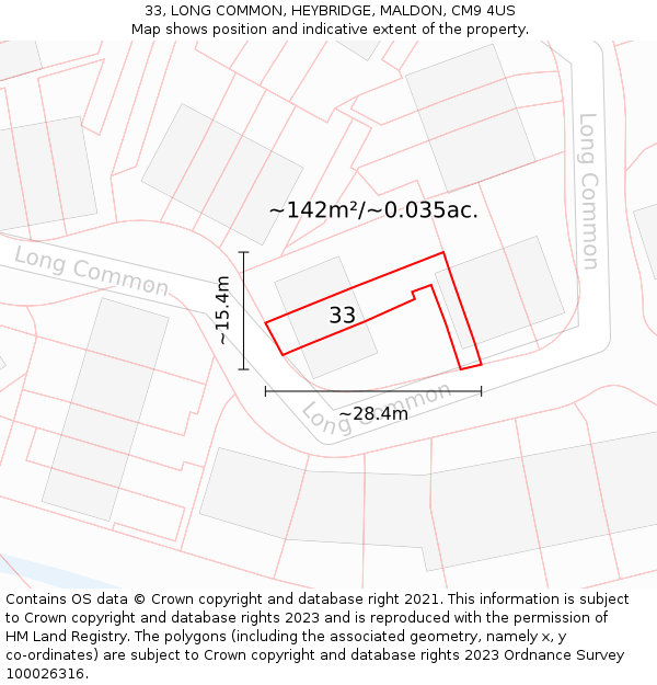 33, LONG COMMON, HEYBRIDGE, MALDON, CM9 4US: Plot and title map