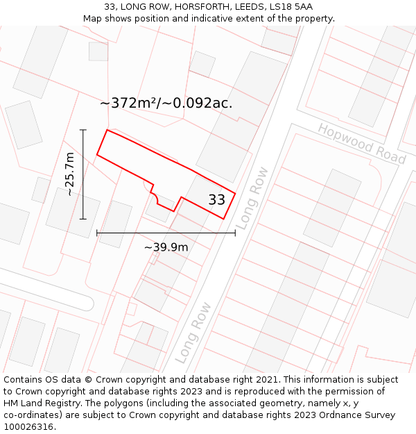 33, LONG ROW, HORSFORTH, LEEDS, LS18 5AA: Plot and title map