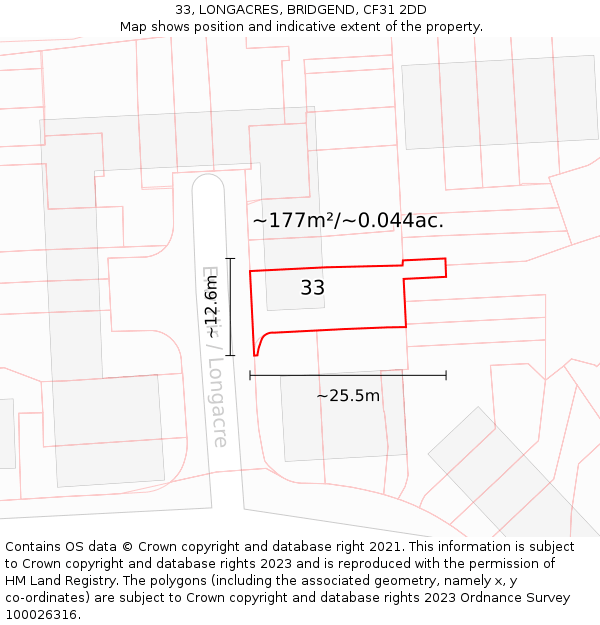 33, LONGACRES, BRIDGEND, CF31 2DD: Plot and title map