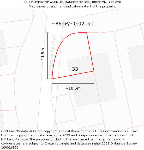 33, LONGBROOK AVENUE, BAMBER BRIDGE, PRESTON, PR5 6XB: Plot and title map