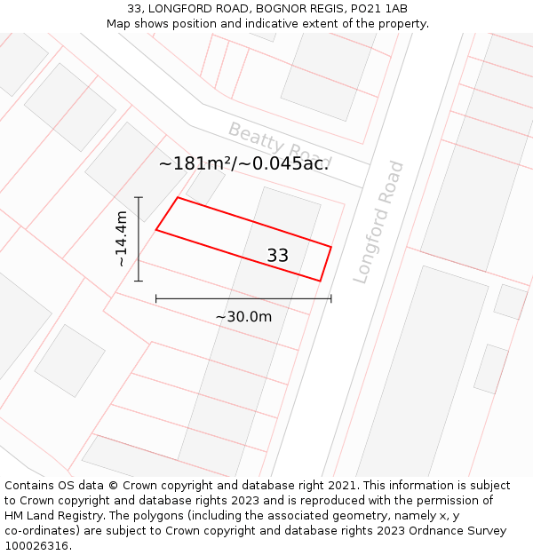 33, LONGFORD ROAD, BOGNOR REGIS, PO21 1AB: Plot and title map