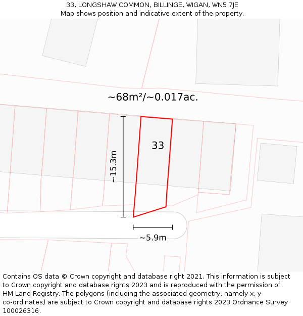 33, LONGSHAW COMMON, BILLINGE, WIGAN, WN5 7JE: Plot and title map