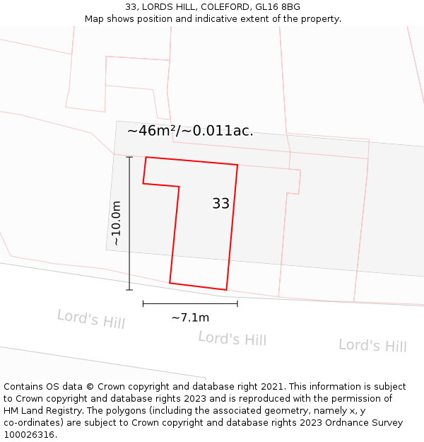 33, LORDS HILL, COLEFORD, GL16 8BG: Plot and title map