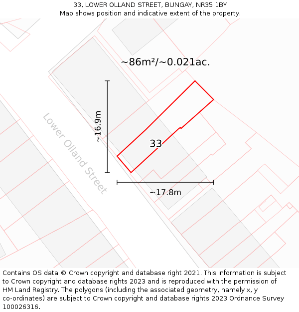 33, LOWER OLLAND STREET, BUNGAY, NR35 1BY: Plot and title map