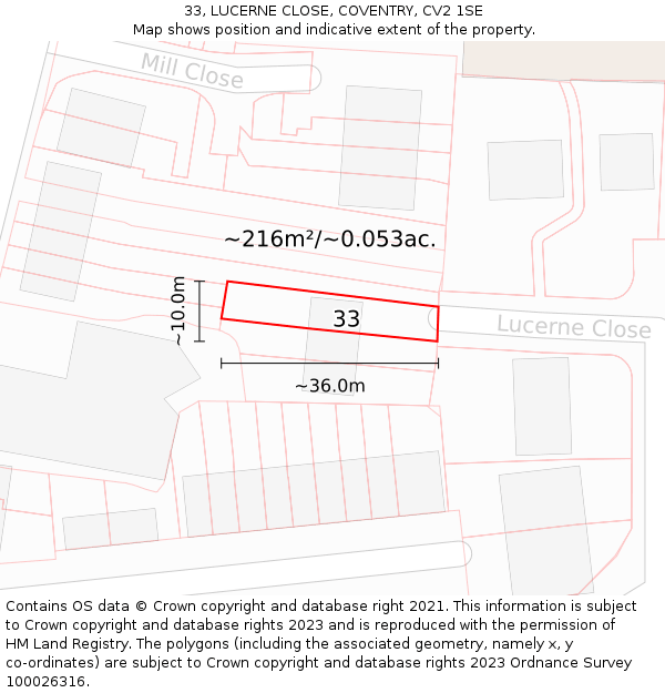 33, LUCERNE CLOSE, COVENTRY, CV2 1SE: Plot and title map