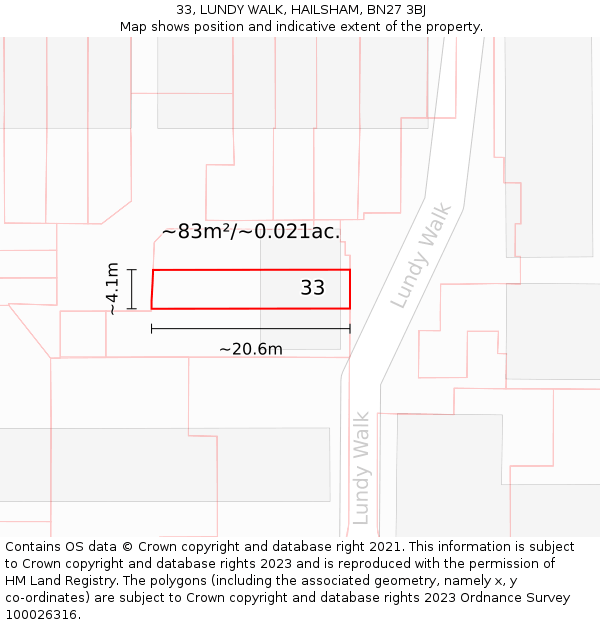 33, LUNDY WALK, HAILSHAM, BN27 3BJ: Plot and title map