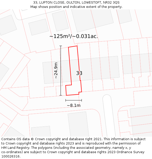 33, LUPTON CLOSE, OULTON, LOWESTOFT, NR32 3QS: Plot and title map