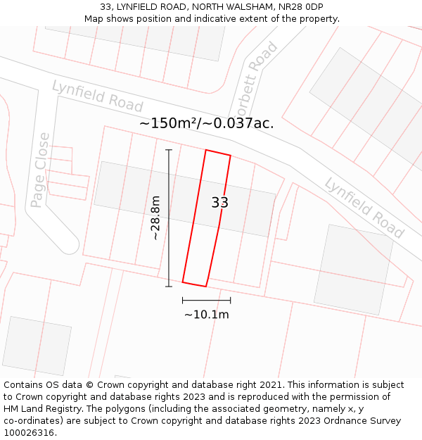 33, LYNFIELD ROAD, NORTH WALSHAM, NR28 0DP: Plot and title map