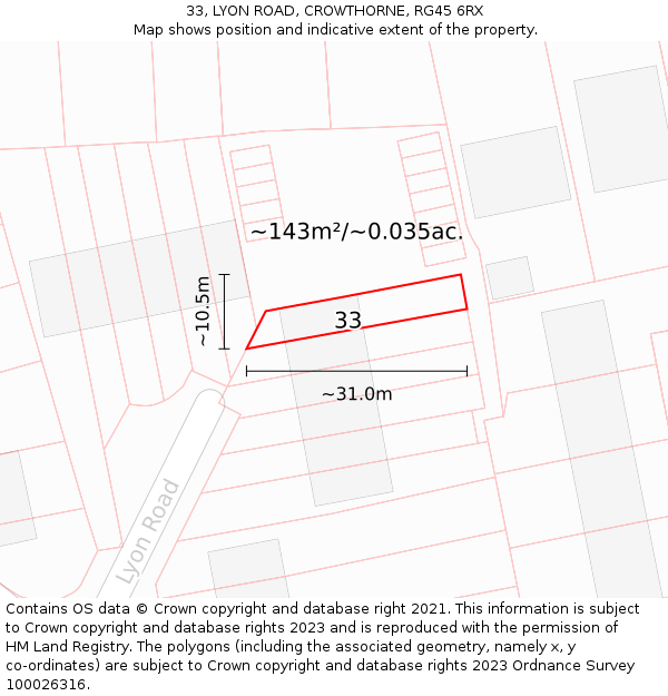 33, LYON ROAD, CROWTHORNE, RG45 6RX: Plot and title map
