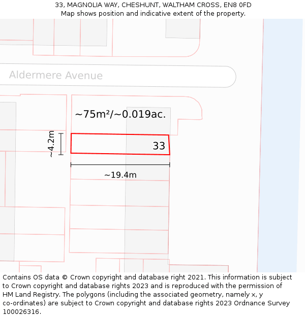 33, MAGNOLIA WAY, CHESHUNT, WALTHAM CROSS, EN8 0FD: Plot and title map