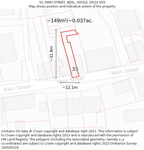 33, MAIN STREET, BEAL, GOOLE, DN14 0SS: Plot and title map