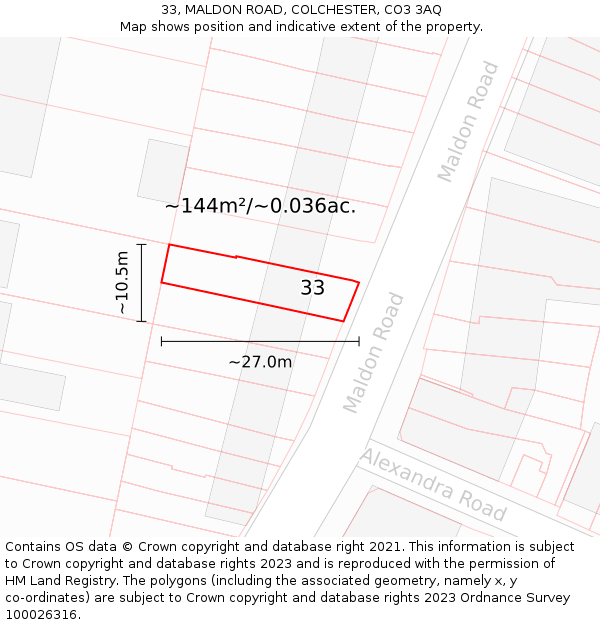 33, MALDON ROAD, COLCHESTER, CO3 3AQ: Plot and title map