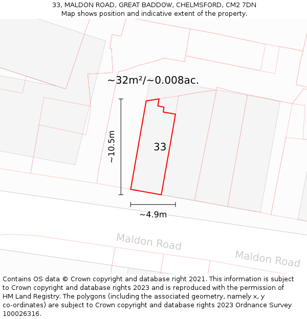 33, MALDON ROAD, GREAT BADDOW, CHELMSFORD, CM2 7DN: Plot and title map