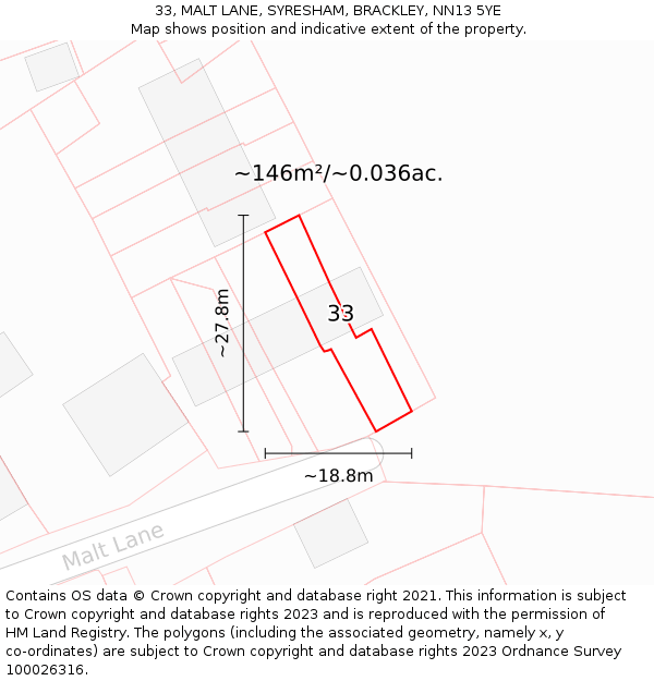 33, MALT LANE, SYRESHAM, BRACKLEY, NN13 5YE: Plot and title map