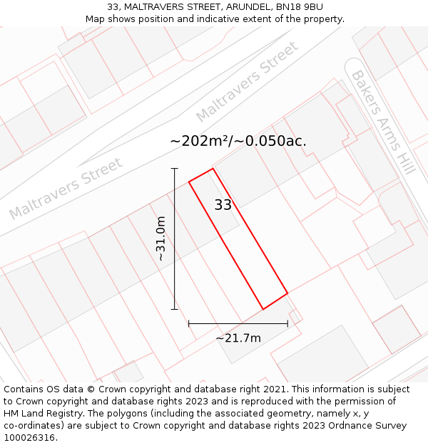 33, MALTRAVERS STREET, ARUNDEL, BN18 9BU: Plot and title map