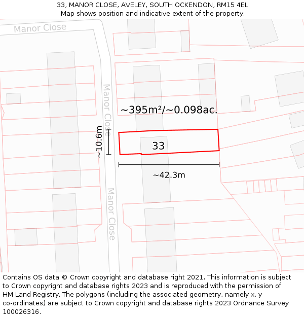 33, MANOR CLOSE, AVELEY, SOUTH OCKENDON, RM15 4EL: Plot and title map
