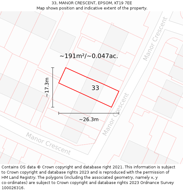 33, MANOR CRESCENT, EPSOM, KT19 7EE: Plot and title map