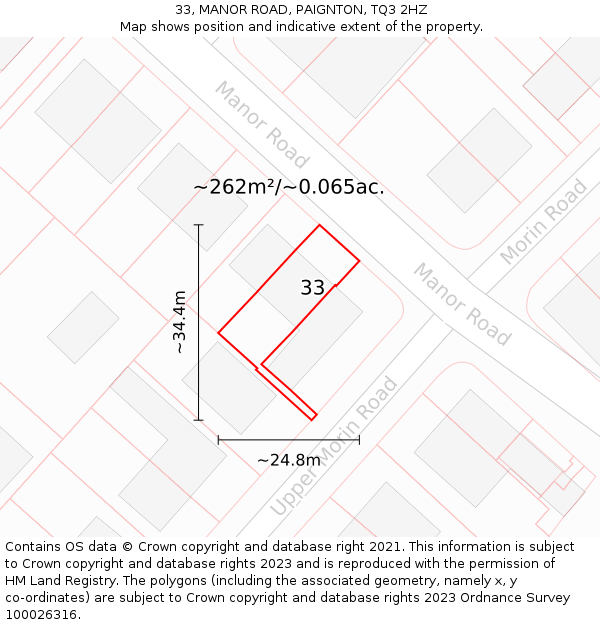 33, MANOR ROAD, PAIGNTON, TQ3 2HZ: Plot and title map