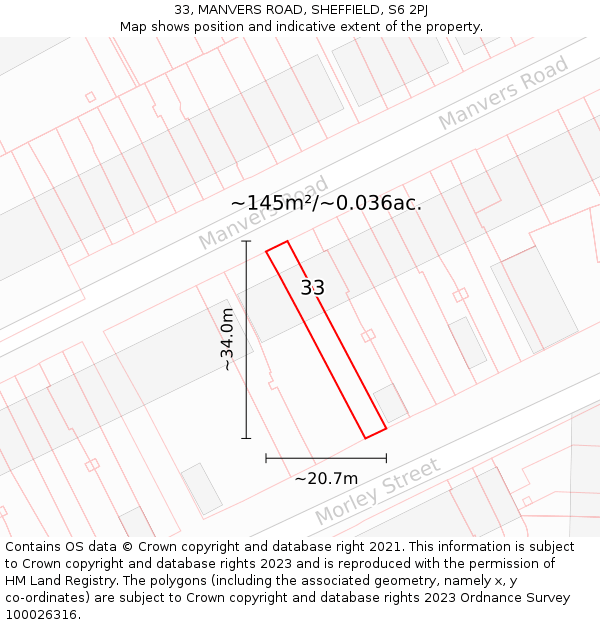 33, MANVERS ROAD, SHEFFIELD, S6 2PJ: Plot and title map