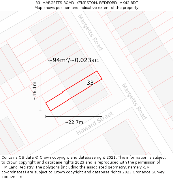 33, MARGETTS ROAD, KEMPSTON, BEDFORD, MK42 8DT: Plot and title map