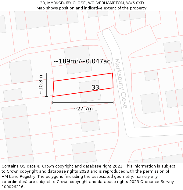 33, MARKSBURY CLOSE, WOLVERHAMPTON, WV6 0XD: Plot and title map