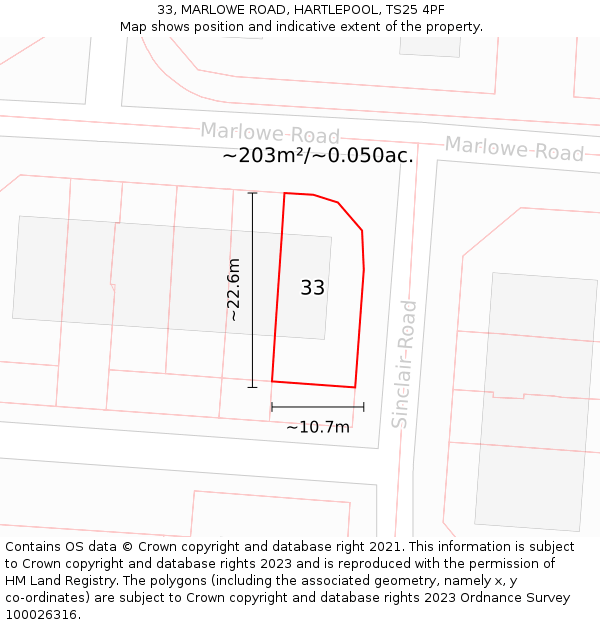 33, MARLOWE ROAD, HARTLEPOOL, TS25 4PF: Plot and title map