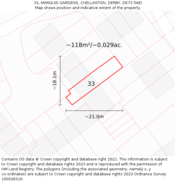 33, MARQUIS GARDENS, CHELLASTON, DERBY, DE73 5WD: Plot and title map