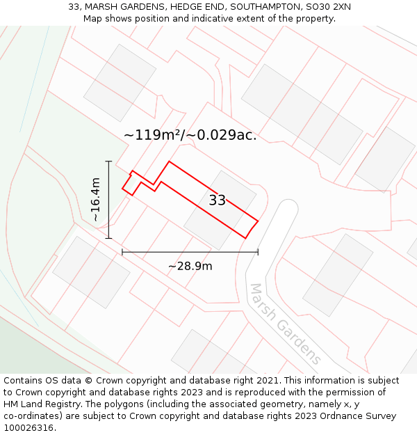 33, MARSH GARDENS, HEDGE END, SOUTHAMPTON, SO30 2XN: Plot and title map