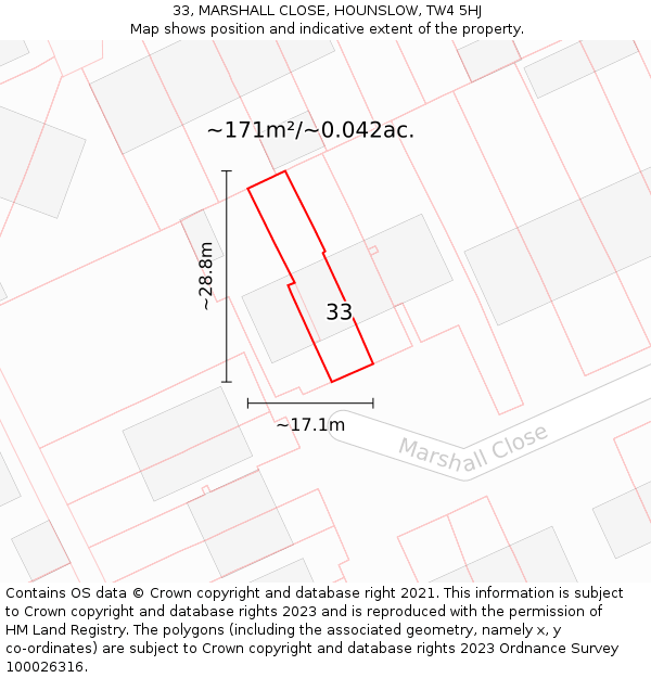 33, MARSHALL CLOSE, HOUNSLOW, TW4 5HJ: Plot and title map