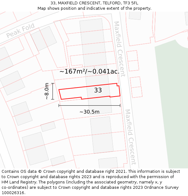 33, MAXFIELD CRESCENT, TELFORD, TF3 5FL: Plot and title map