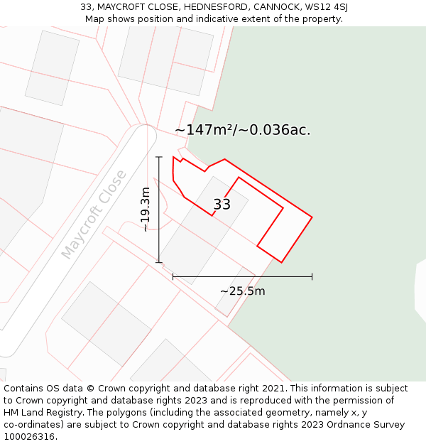 33, MAYCROFT CLOSE, HEDNESFORD, CANNOCK, WS12 4SJ: Plot and title map