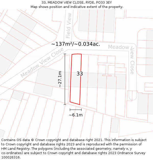 33, MEADOW VIEW CLOSE, RYDE, PO33 3EY: Plot and title map