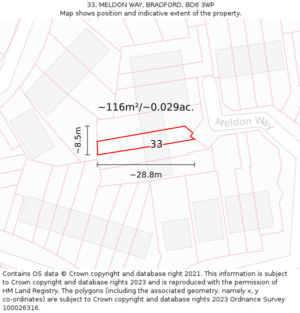 33, MELDON WAY, BRADFORD, BD6 3WP: Plot and title map