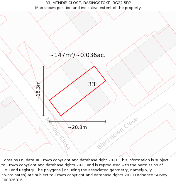 33, MENDIP CLOSE, BASINGSTOKE, RG22 5BP: Plot and title map