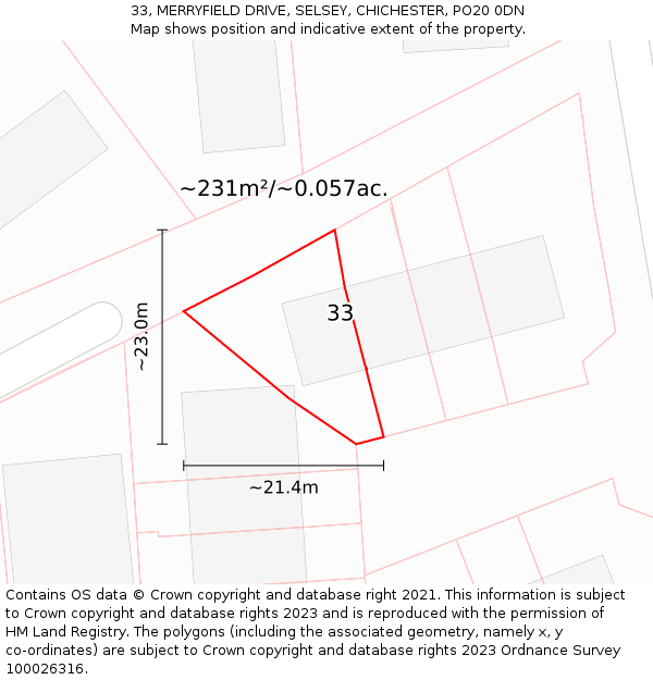 33, MERRYFIELD DRIVE, SELSEY, CHICHESTER, PO20 0DN: Plot and title map
