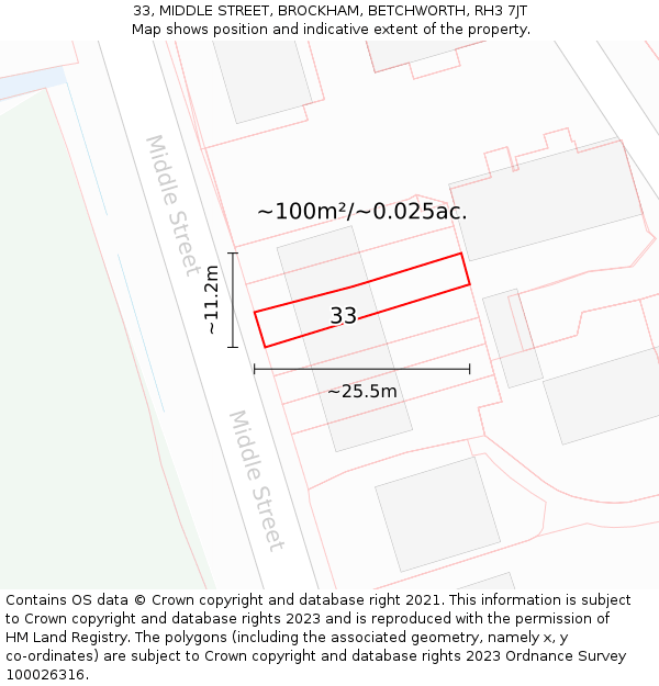 33, MIDDLE STREET, BROCKHAM, BETCHWORTH, RH3 7JT: Plot and title map
