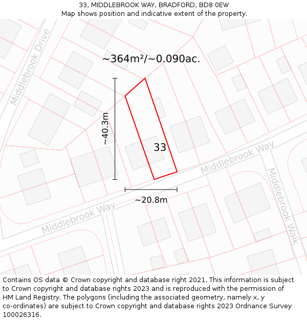 33, MIDDLEBROOK WAY, BRADFORD, BD8 0EW: Plot and title map