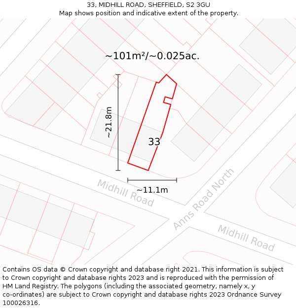 33, MIDHILL ROAD, SHEFFIELD, S2 3GU: Plot and title map