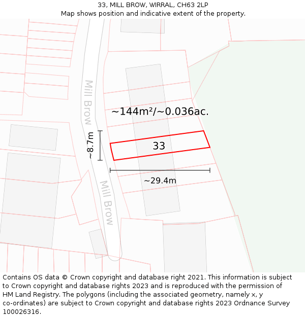 33, MILL BROW, WIRRAL, CH63 2LP: Plot and title map