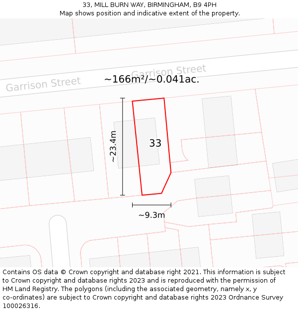 33, MILL BURN WAY, BIRMINGHAM, B9 4PH: Plot and title map
