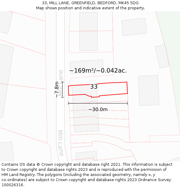 33, MILL LANE, GREENFIELD, BEDFORD, MK45 5DG: Plot and title map