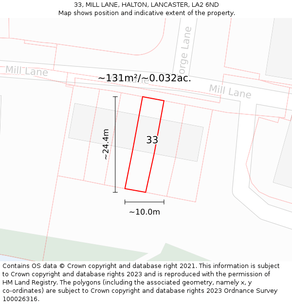 33, MILL LANE, HALTON, LANCASTER, LA2 6ND: Plot and title map