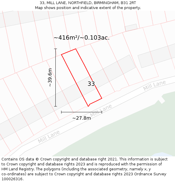 33, MILL LANE, NORTHFIELD, BIRMINGHAM, B31 2RT: Plot and title map