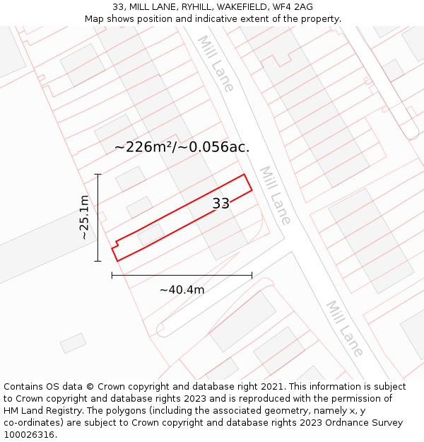 33, MILL LANE, RYHILL, WAKEFIELD, WF4 2AG: Plot and title map